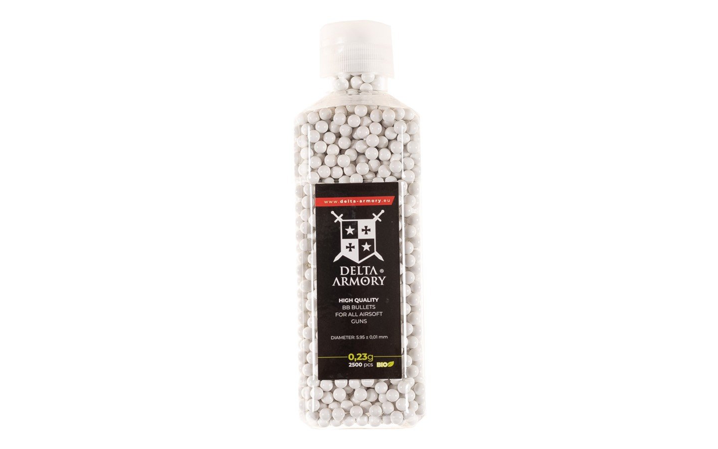 Airsoft BIO BBs revestidos com uma camada especial que reduz o atrito. Também se manifesta em uma melhor cooperação com a câmara hop-up graças ao HighPolishing, i.e. polimento alto do BB. O diâmetro do BB é de 5,95 mm (0,01 mm +/-) e a diferença no peso dos BBs individuais não excede 0,01 g. BBs são adequados para todos os tipos de barris. Você pode usar munição airsoft para canhões de airsoft manual, elétrico e a gás. Os BBs são feitos de material biodegradável que também é ambientalmente amigável. O pacote contém 2500 pcs de 0.23g BIO bbs.