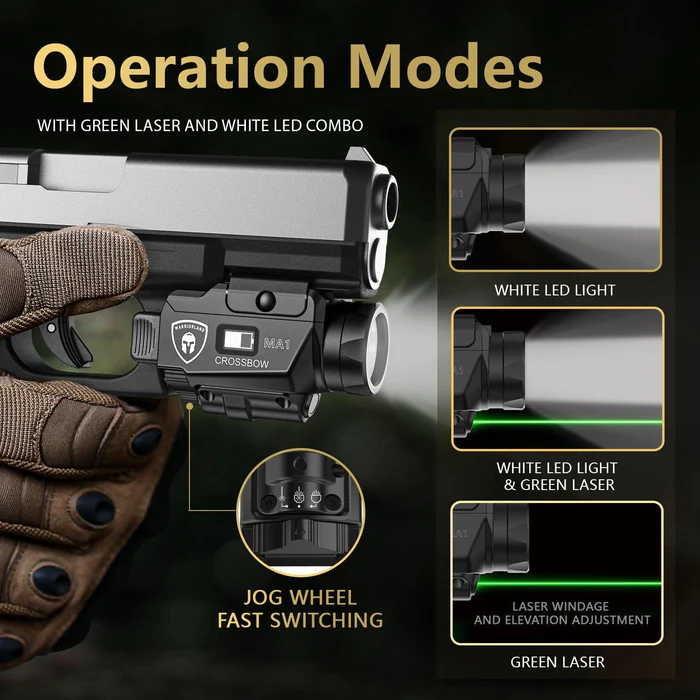 Crossbow MA1 800 Lumens Rail Mounted Universal Weaponlight for Pistol, Green Laser & White LED Combo Tactical Light - Image 5